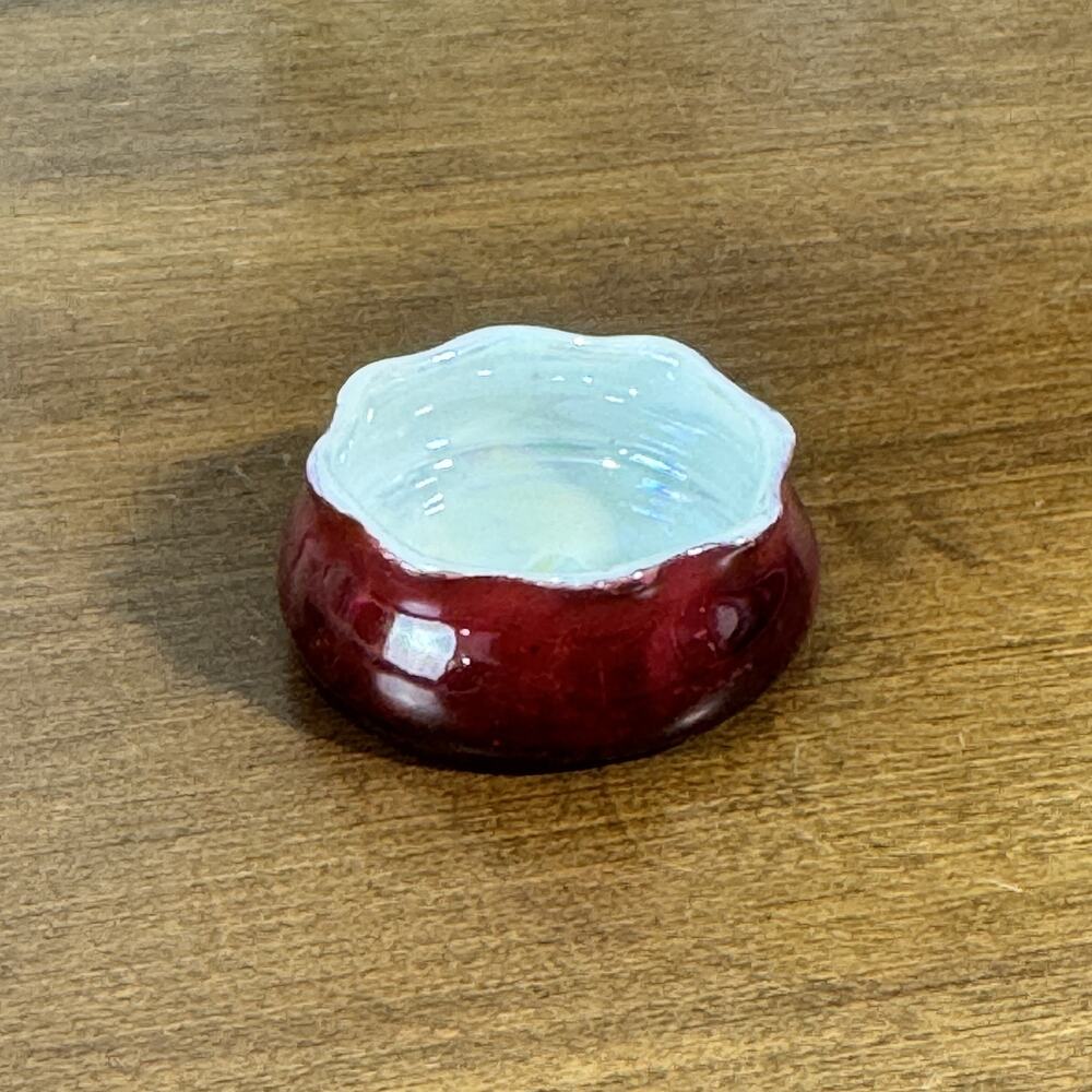 Vintage Germany Iridescent Red White Wavy Rim Salt Trinket Box Dish Bowl